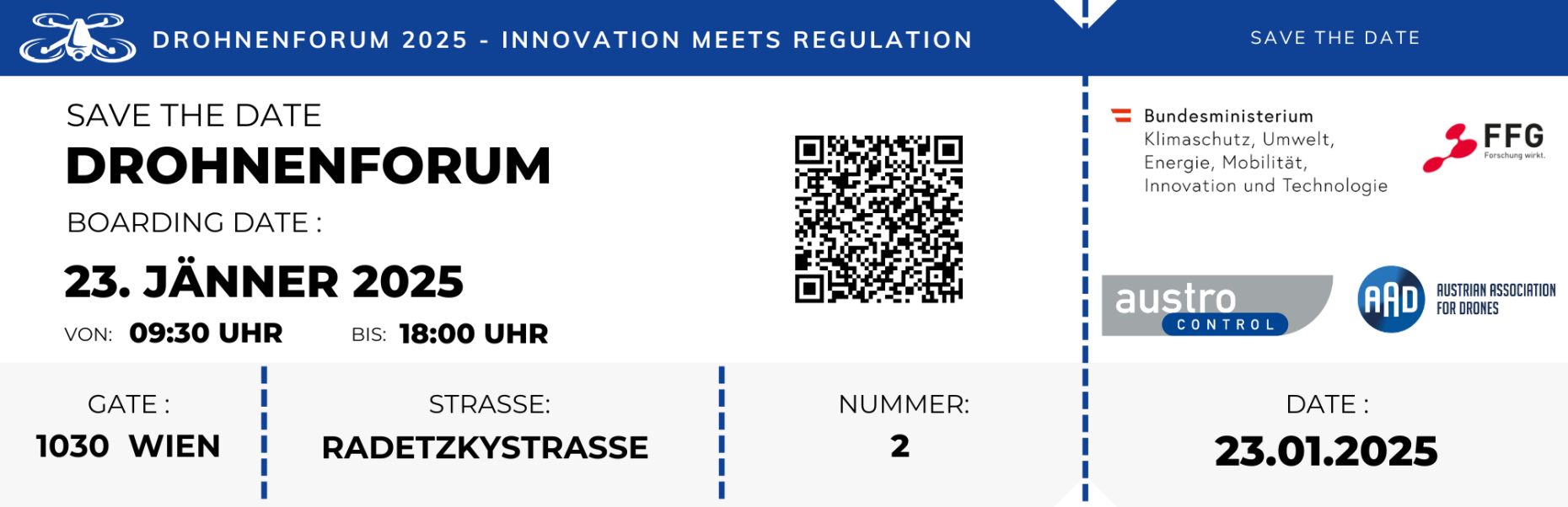 Save the Date Drohnenforum am 23. Jänner 2025, mit QR Code