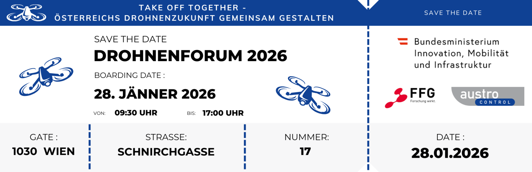 Grafisch gestaltete Einladung im Boarding-Pass-Design zum „Drohnenforum 2026“ mit Titel, Adresse, Datum und Uhrzeit.